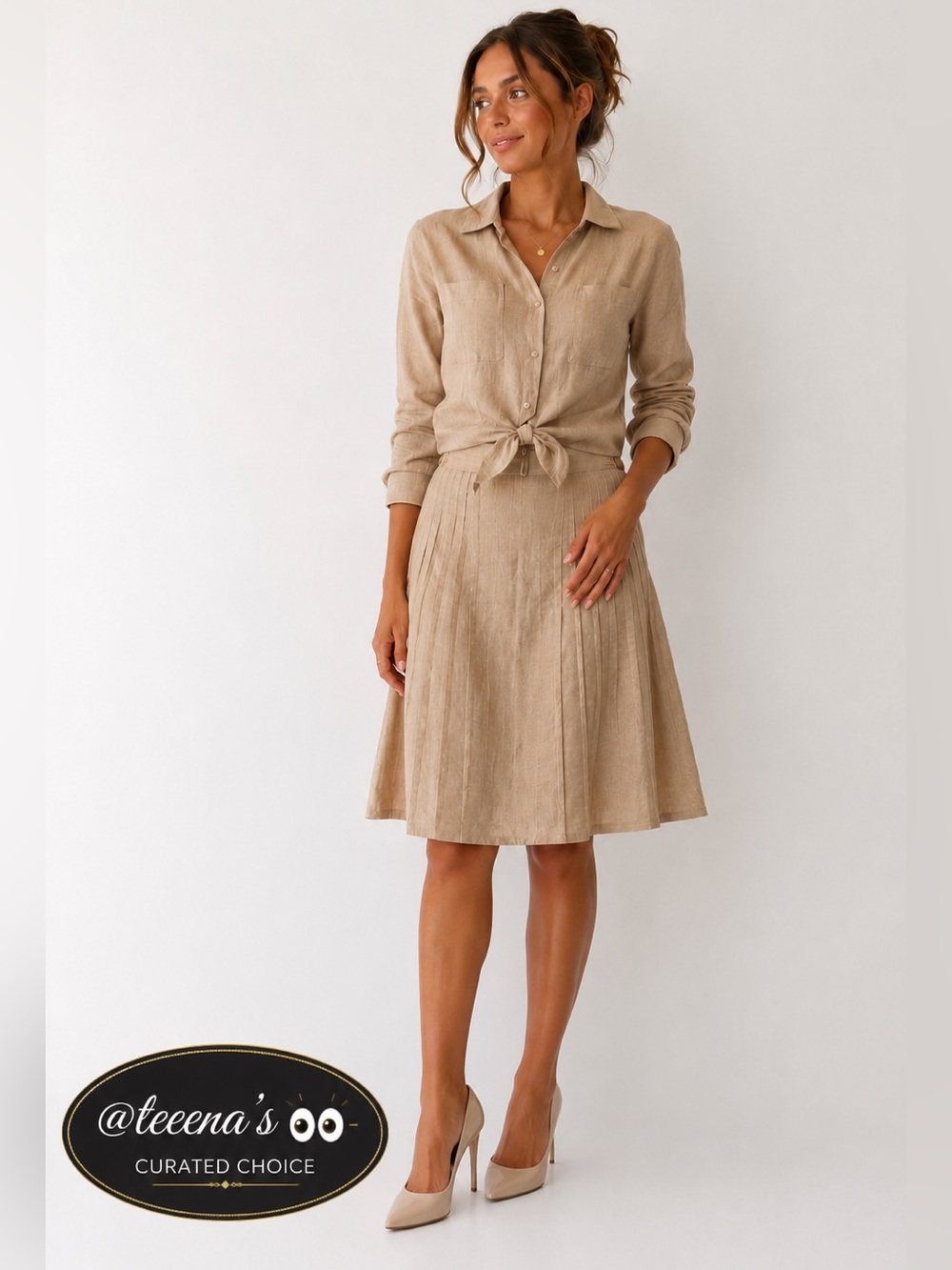 Think Tank Beige Pleated A-Line Midi Skirt Size 6 embroidery Sunburst style
